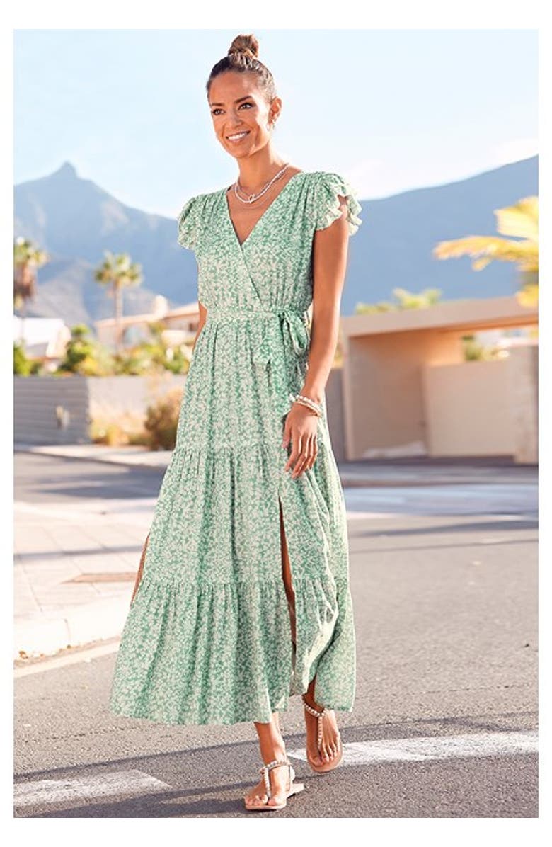 LASCANA Women's Flutter Sleeve Maxi Dress, Alternate, color, Green Patterned