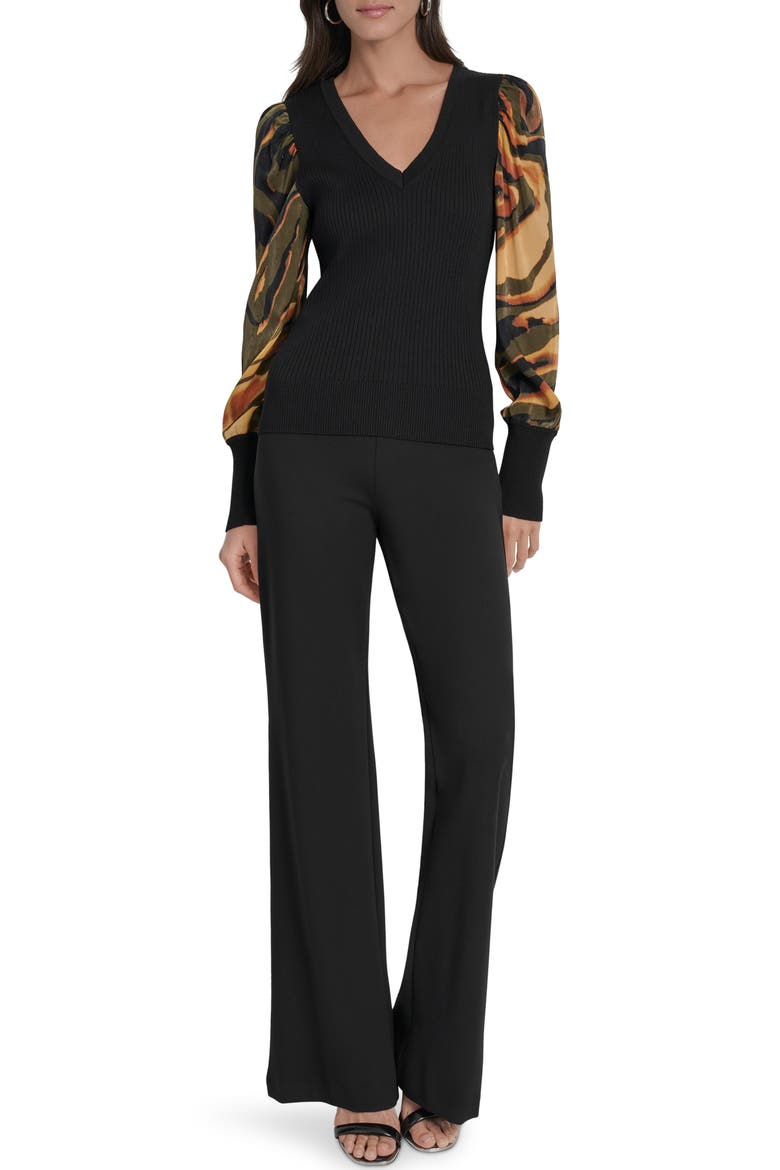 Rib Puff Shoulder Sweater, Alternate, color, BLACK/ UBRAN TIGER