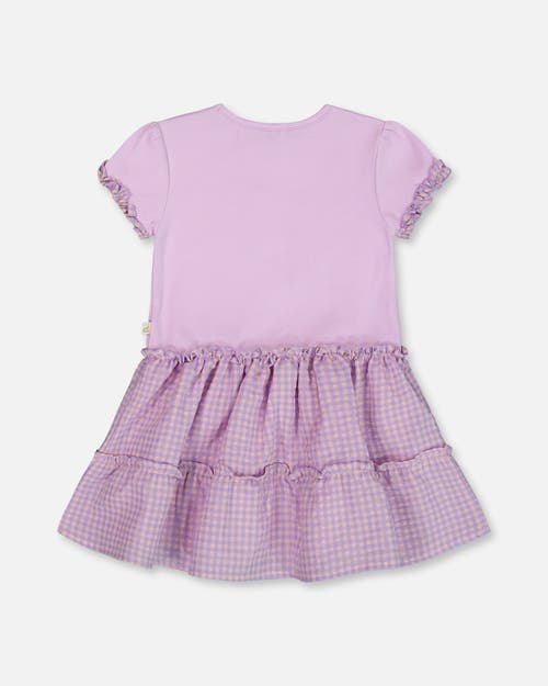 Deux Par Deux Girls' Bi-material Dress With Ruffle Gingham Skirt - Big Kid In Lilac And White