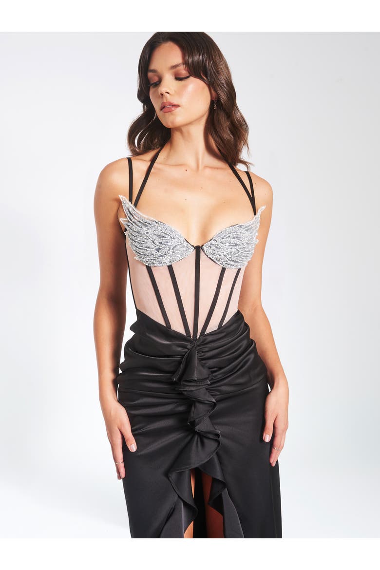 Rafaela Satin Corset Sequin Wing Cup Dress, Alternate, color, Black