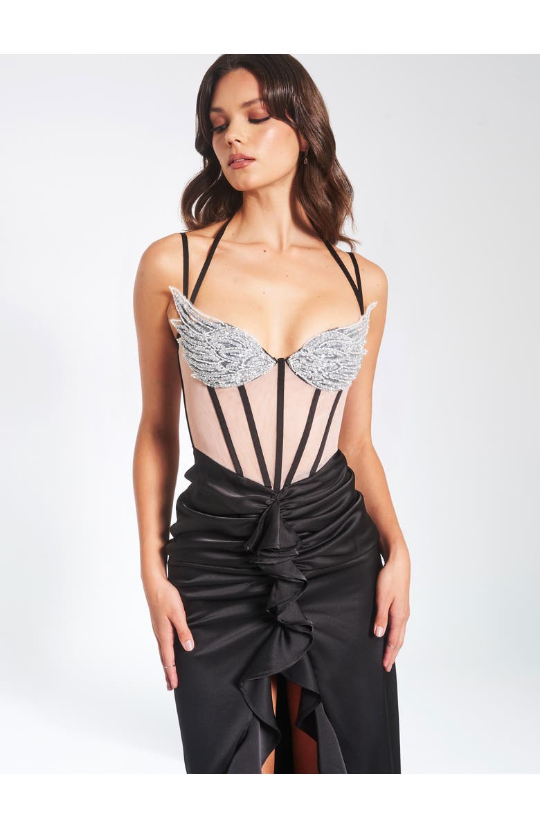 Miss Circle Rafaela Satin Corset Sequin Wing Cup Dress, Alternate, color, Black