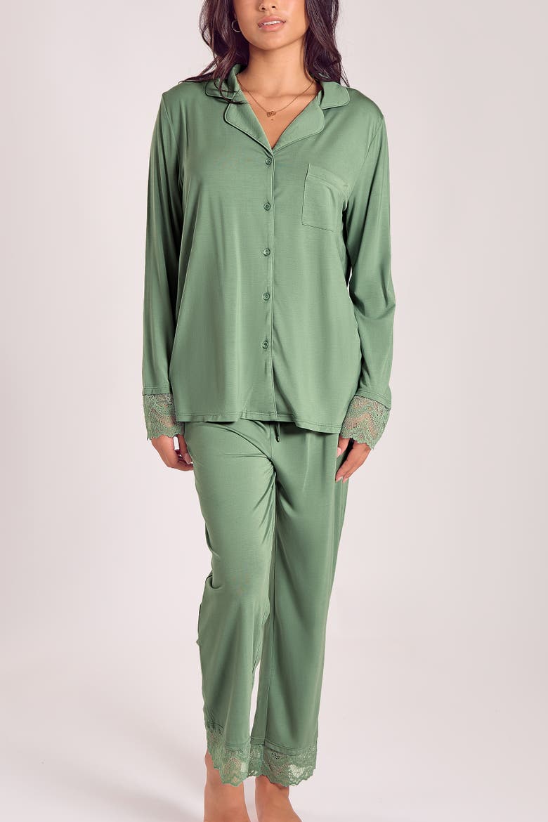 Modal Women's Pajama Set with Lace Trim, Main, color, Green