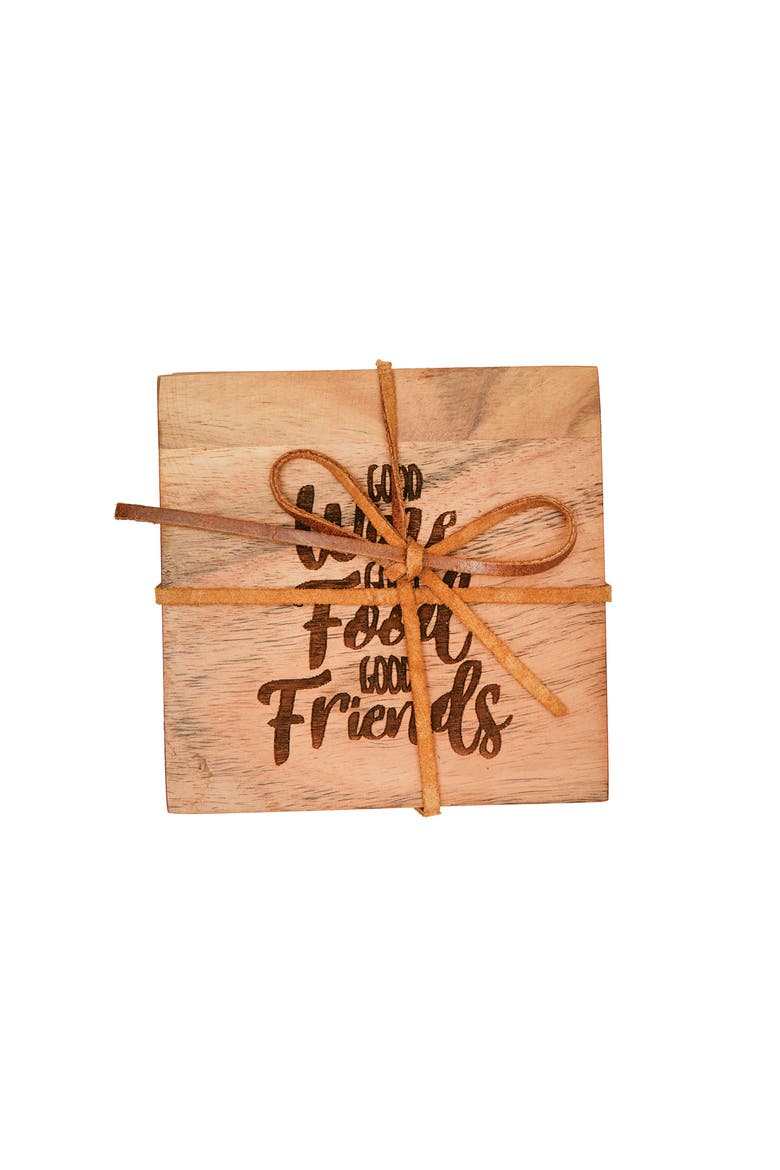 Wine Food Friends Wood Coaster Set of 4, Main, color, Brown