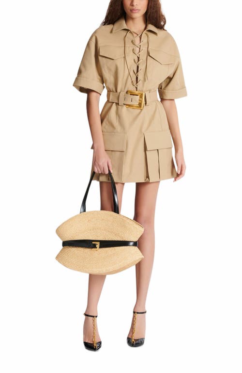 Balmain Medium Raffia And Calfskin Sculptural Bag In Nude