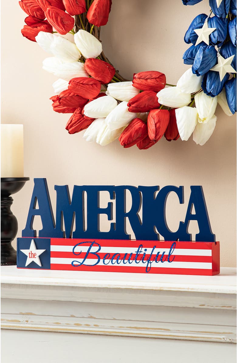 Glitzhome Patriotic Americana Wooden AMERICA Table Decor, Alternate, color, 