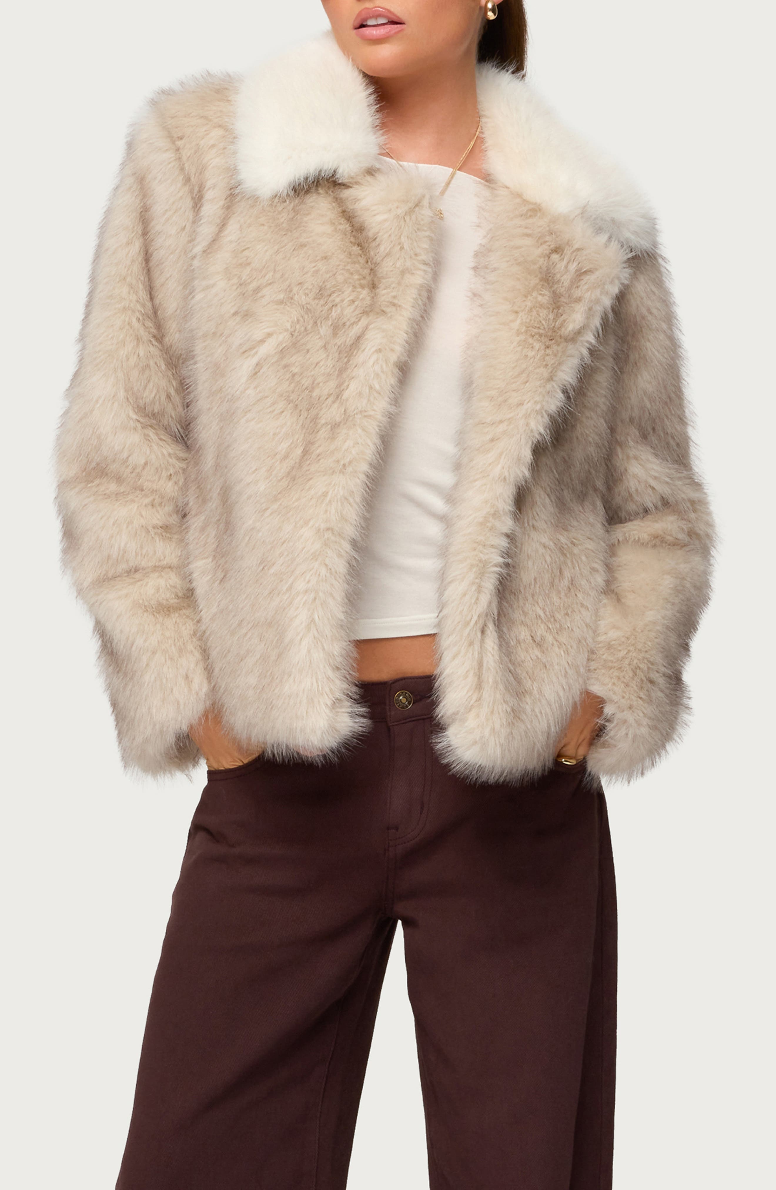 Contrast Collar Faux Fur Jacket