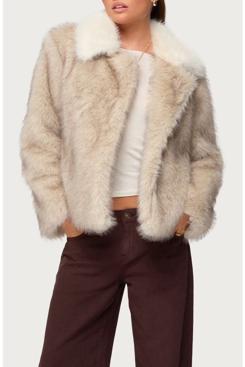 Contrast Collar Faux Fur Jacket, Main, color, TAN