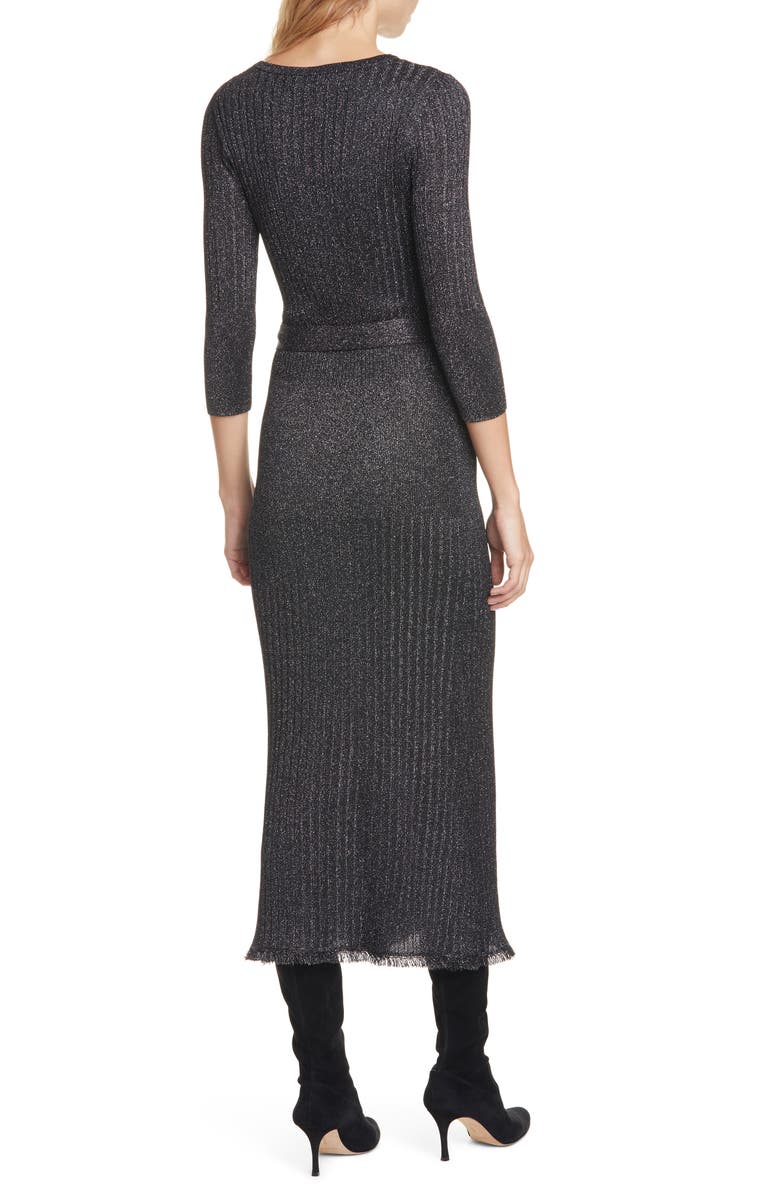 DVF Bobbi Metallic Detail Ribbed Wool Blend Midi Wrap Dress, Alternate, color,