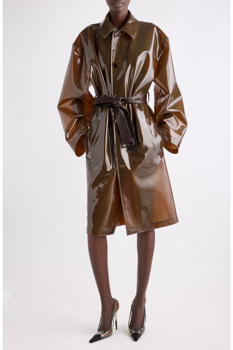 Belted Polyurethane Mac Coat, Main, color, DARK MACADAMIA/ MARRON FONCE