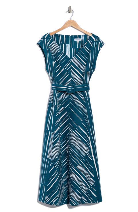 Stripe Belted V-Neck Midi Dress