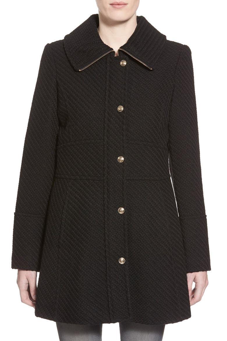 Basket Weave Fit & Flare Coat, Main, color, BLACK