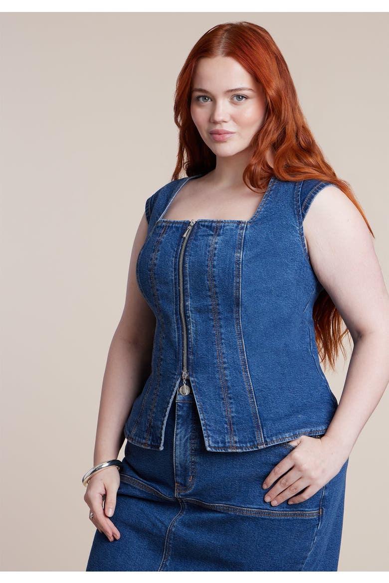 Fitted Square Neck Denim Top, Main, color, MEDIUM WASH