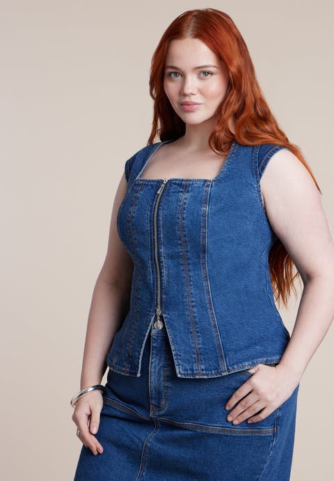 Fitted Square Neck Denim Top (Plus)