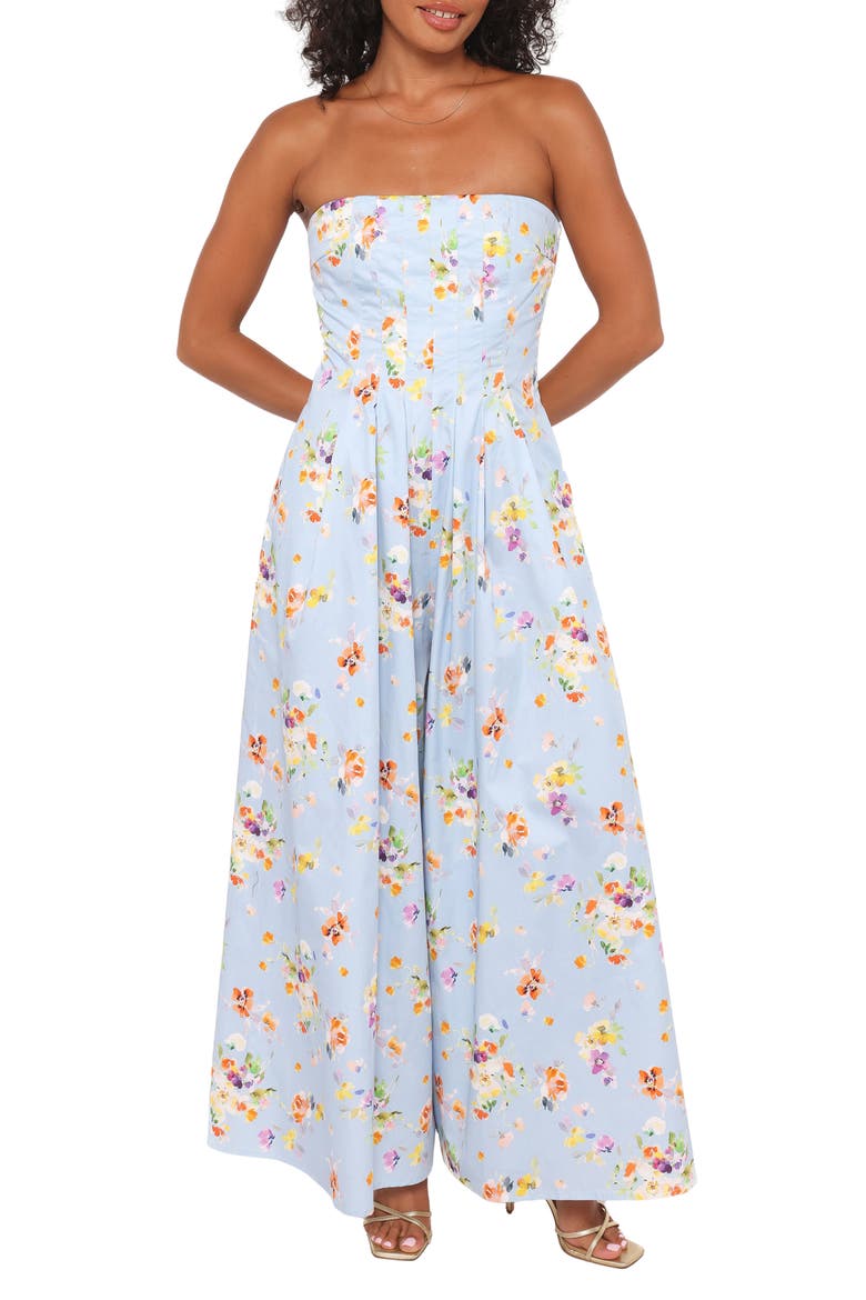 Wren Floral Strapless Wide Leg Cotton Jumpsuit, Main, color, CORNFLOWER BLUE FLORAL