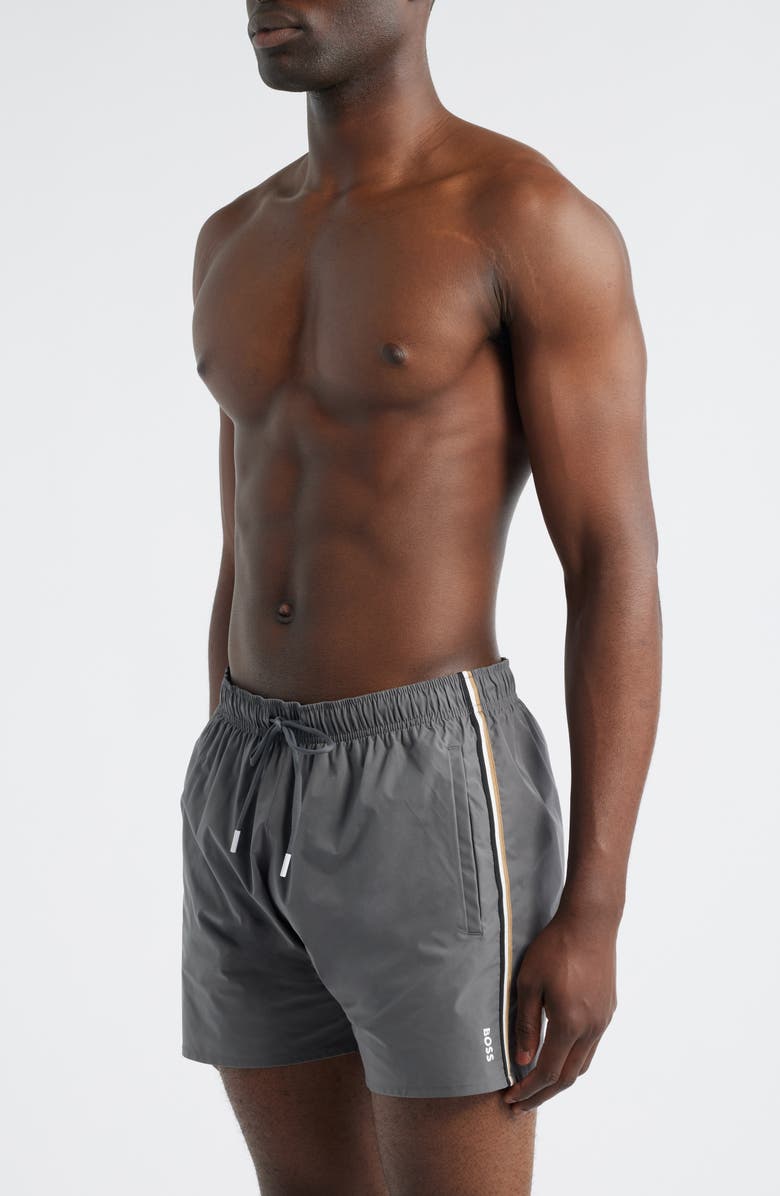 BOSS Iconic Side Stripe Swim Trunks, Alternate, color, Open Grey