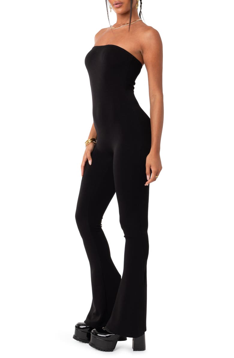 EDIKTED Melina Side Slit Strapless Flare Jumpsuit, Alternate, color, Black