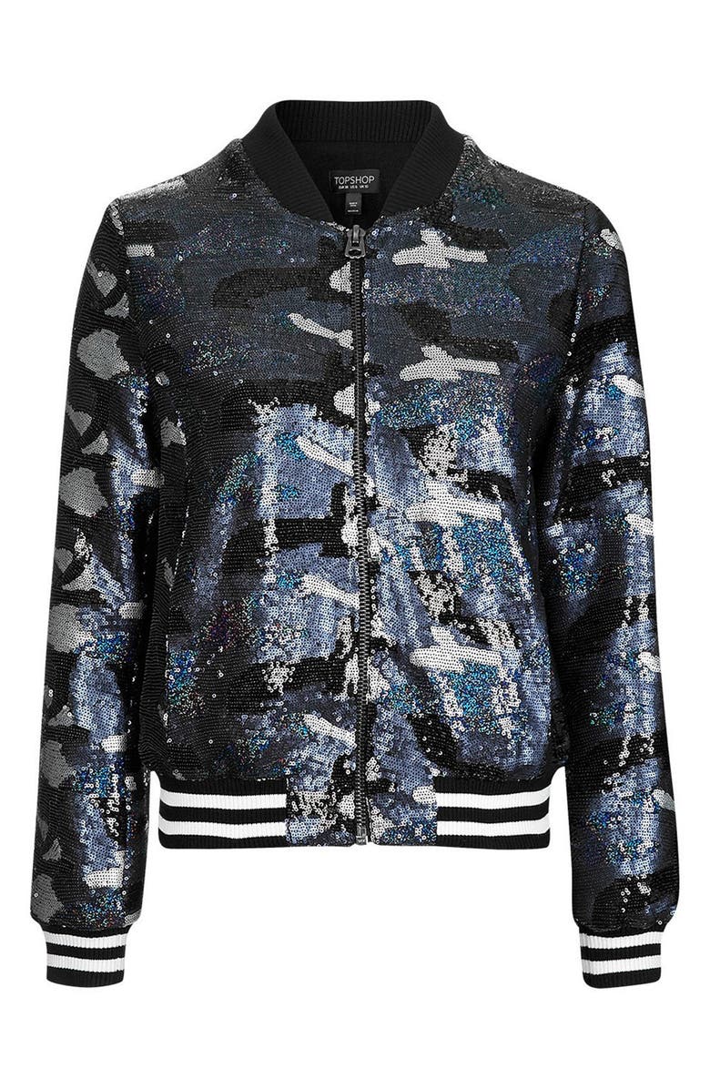 Topshop Camo Sequin Bomber Jacket, Alternate, color,