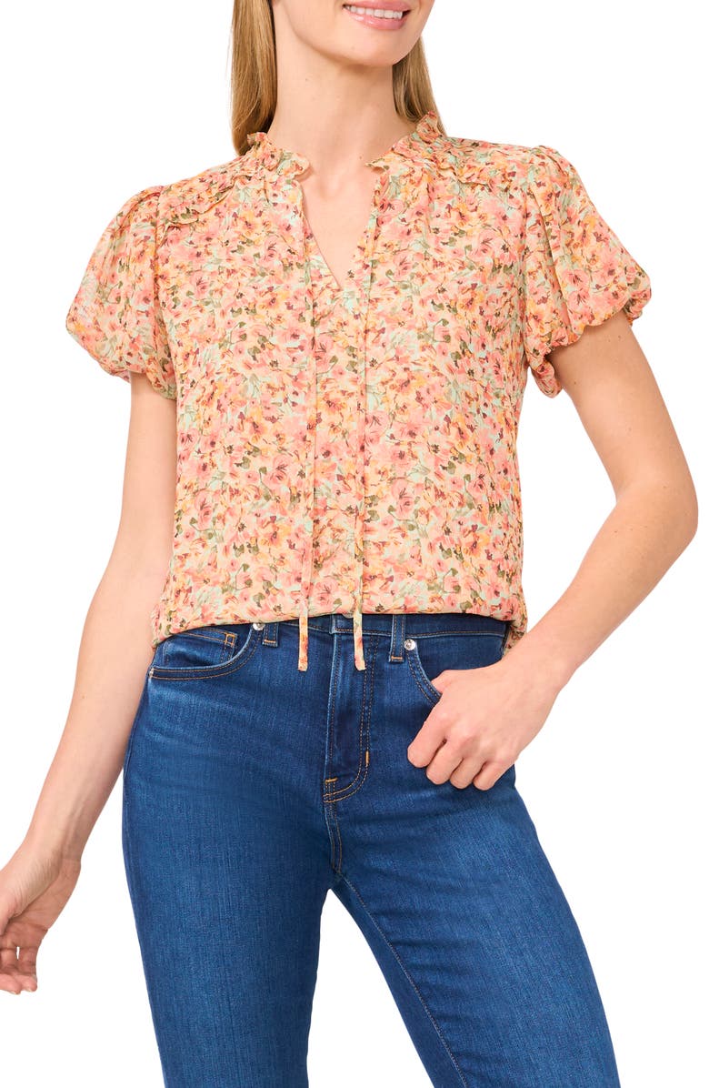 CeCe Floral Puff Sleeve Top, Main, color, Mint Lime Coral
