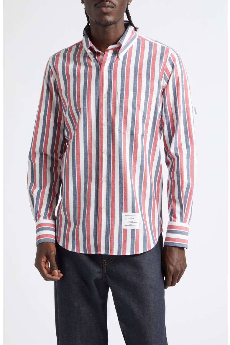 Straight Fit Stripe Cotton Button-Down Shirt, Main, color, RED W/ BLUE WHITE