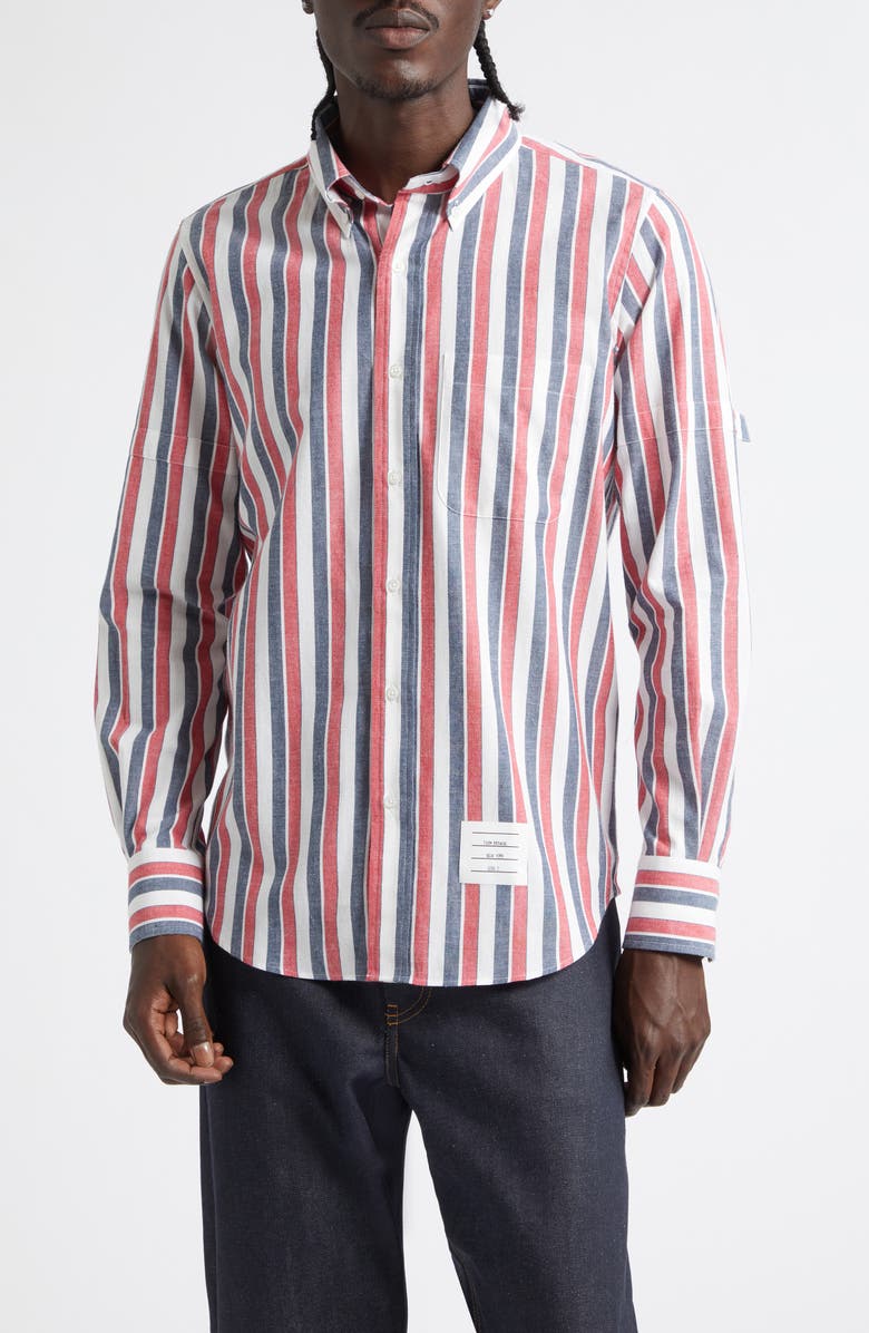 Thom Browne Straight Fit Stripe Cotton Button-Down Shirt, Main, color, Red W/ Blue White