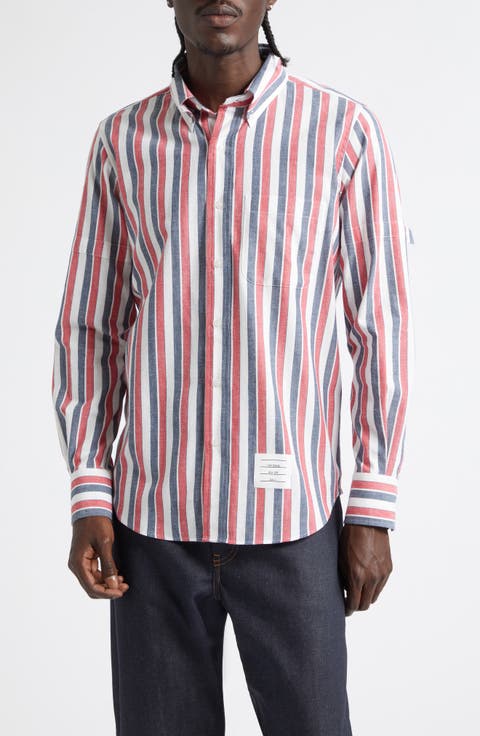 Straight Fit Stripe Cotton Button-Down Shirt
