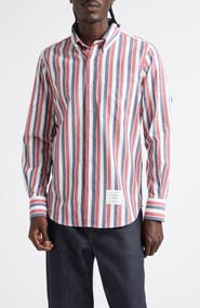 Thom Browne Straight Fit Stripe Cotton Button-Down Shirt