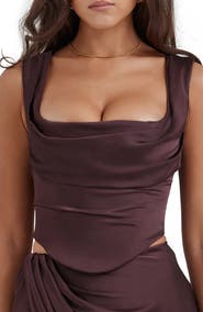 HOUSE OF CB Una Floral Cowl Neck Lace-Up Corset Top