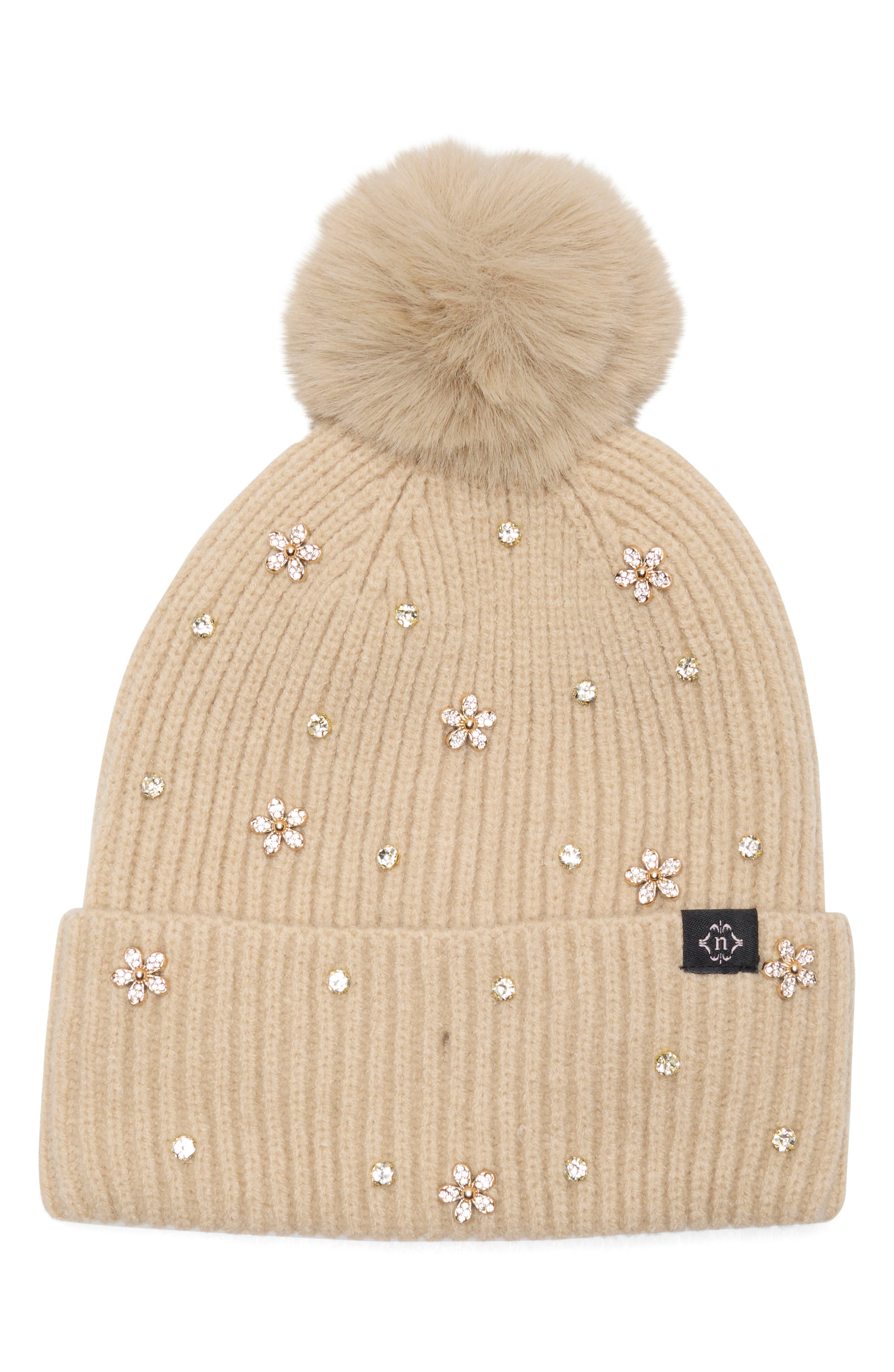 Crystal & Floral Stud Beanie with Faux Fur Pom