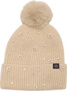 Nanette Lepore Crystal & Floral Stud Beanie with Faux Fur Pom