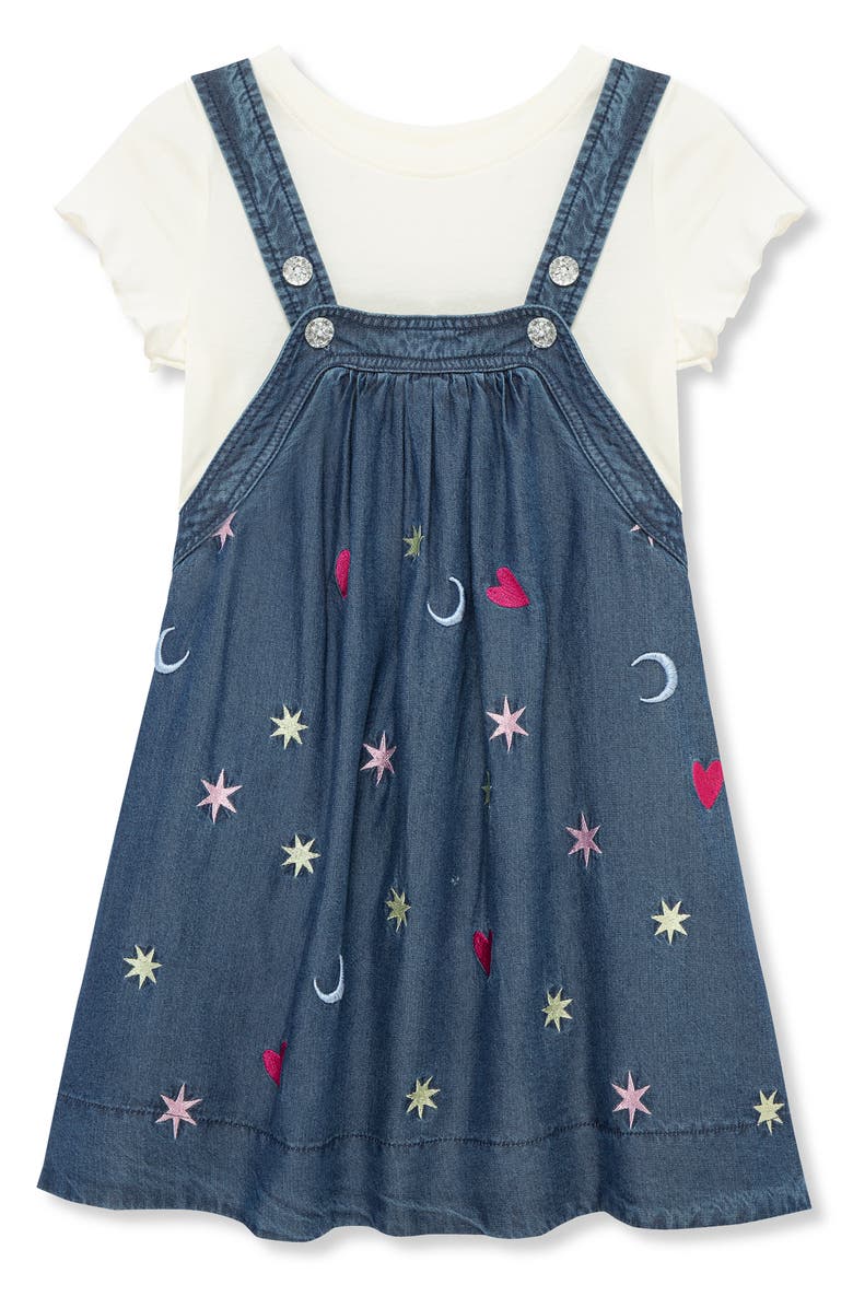 Peek Aren't You Curious Kids' Celestial Embroidered Pinafore & T-Shirt Set, Main, color, Indigo