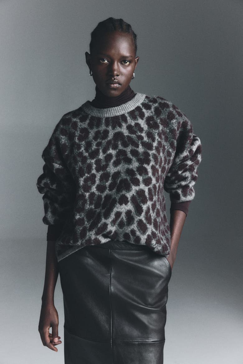 Jacquard-knit Jumper, Alternate, color, Gray/leopard print