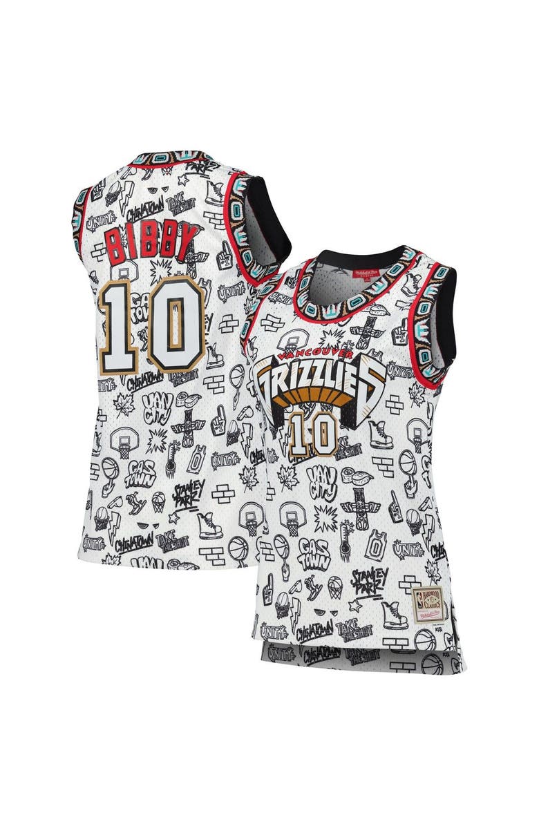 Mitchell & Ness Women's Mitchell & Ness Mike Bibby White Vancouver Grizzlies 1998 Doodle Swingman Jersey, Main, color, 