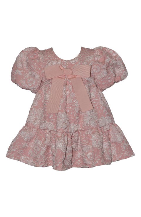 Bow Floral Jacquard Puff Sleeve Dress
