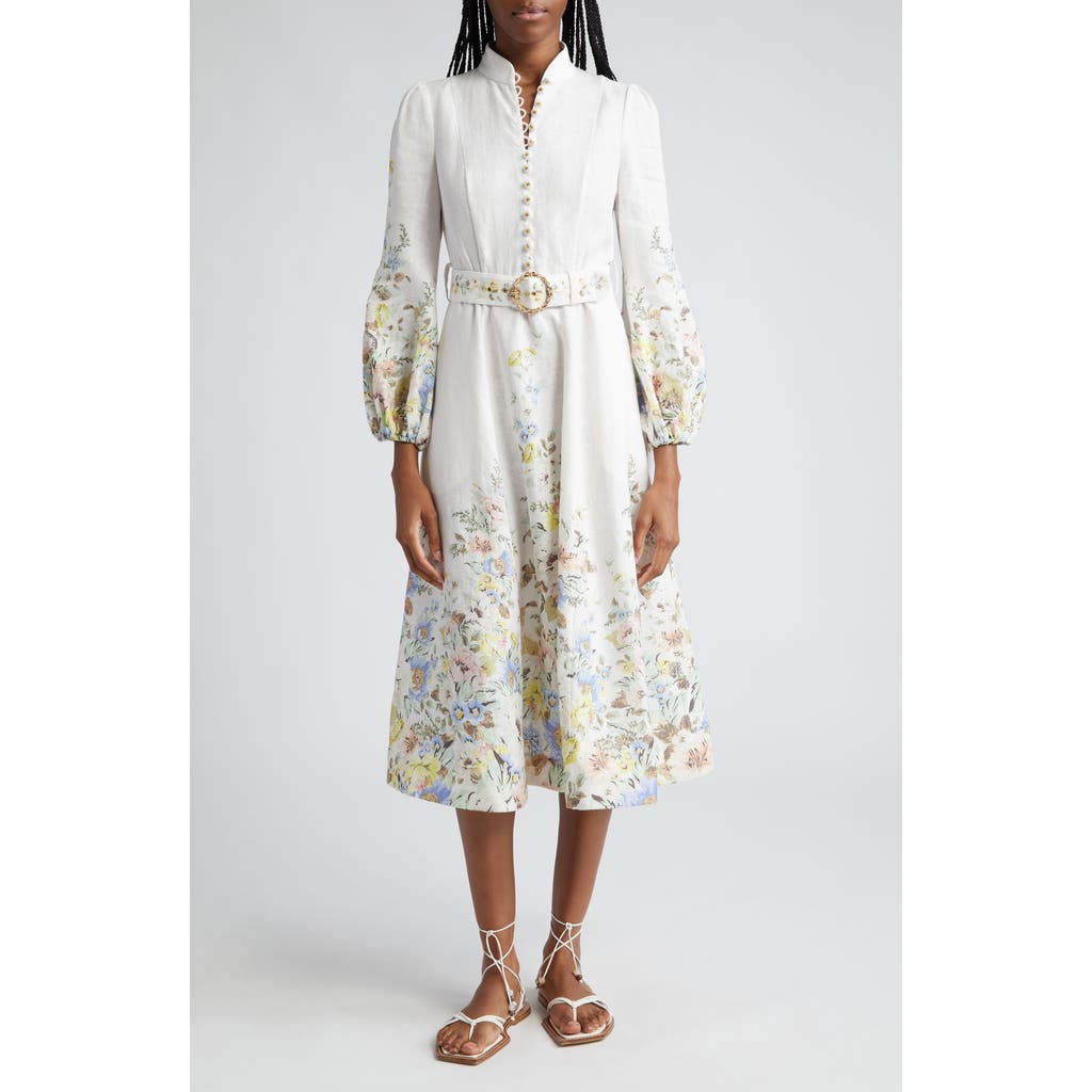Zimmermann Matchmaker Floral Belted Linen Midi Dress