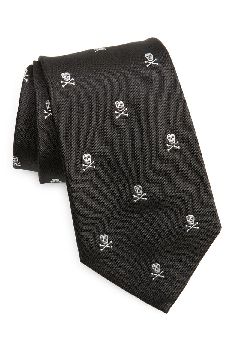 Skull & Crossbones Silk Tie, Main, color, BLACK
