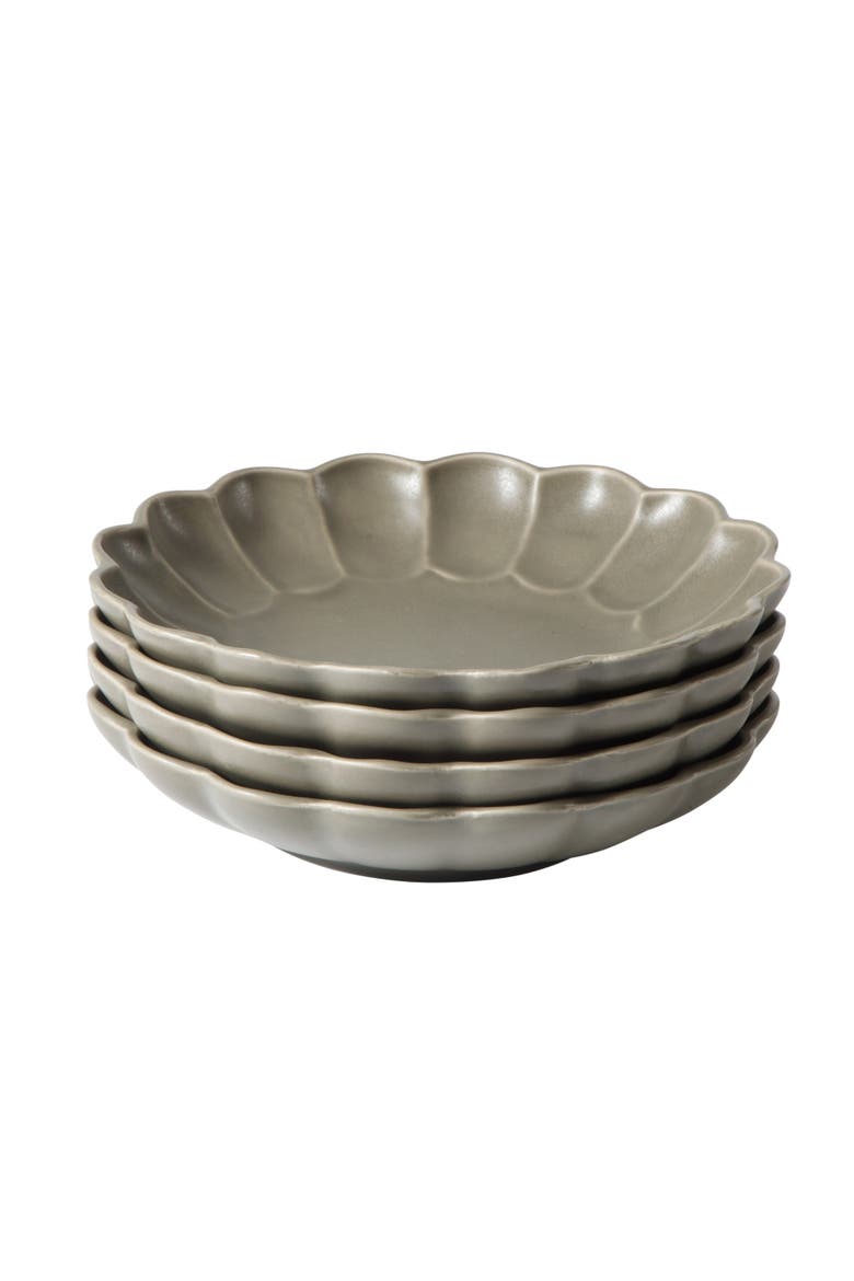 Yuelu Bloom 4 Piece Dinner Bowl Set, 9-inch Embossed Scallop Stoneware Bowls, Reactive Glaze, Large Soup, Pasta & Salad Bowls, Alternate, color, Olive Stone