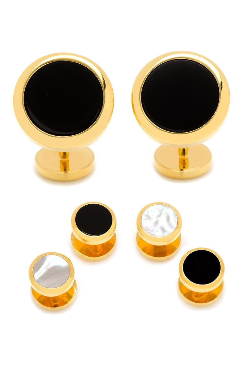 Ox and Bull Trading Co. Semi-Precious Cuff Links & Shirt Studs Set, Main, color, GOLD/ ONYX