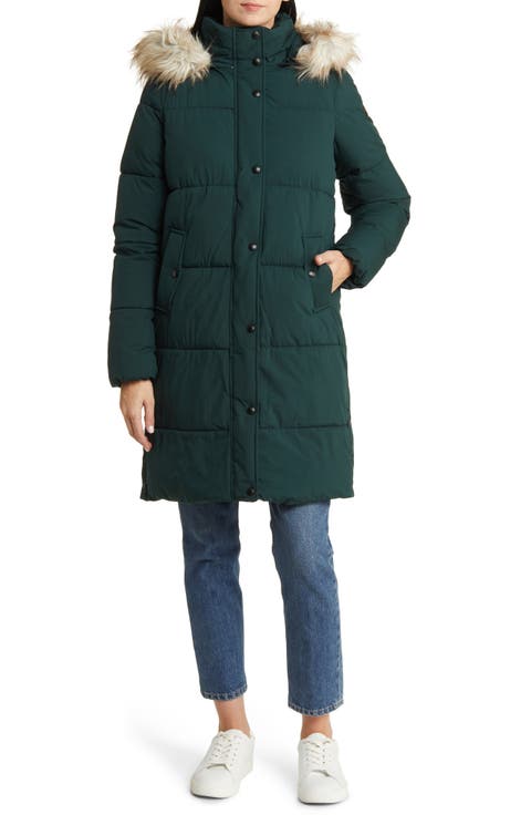 Nylon Puffer Jacket with Faux Fur Trim