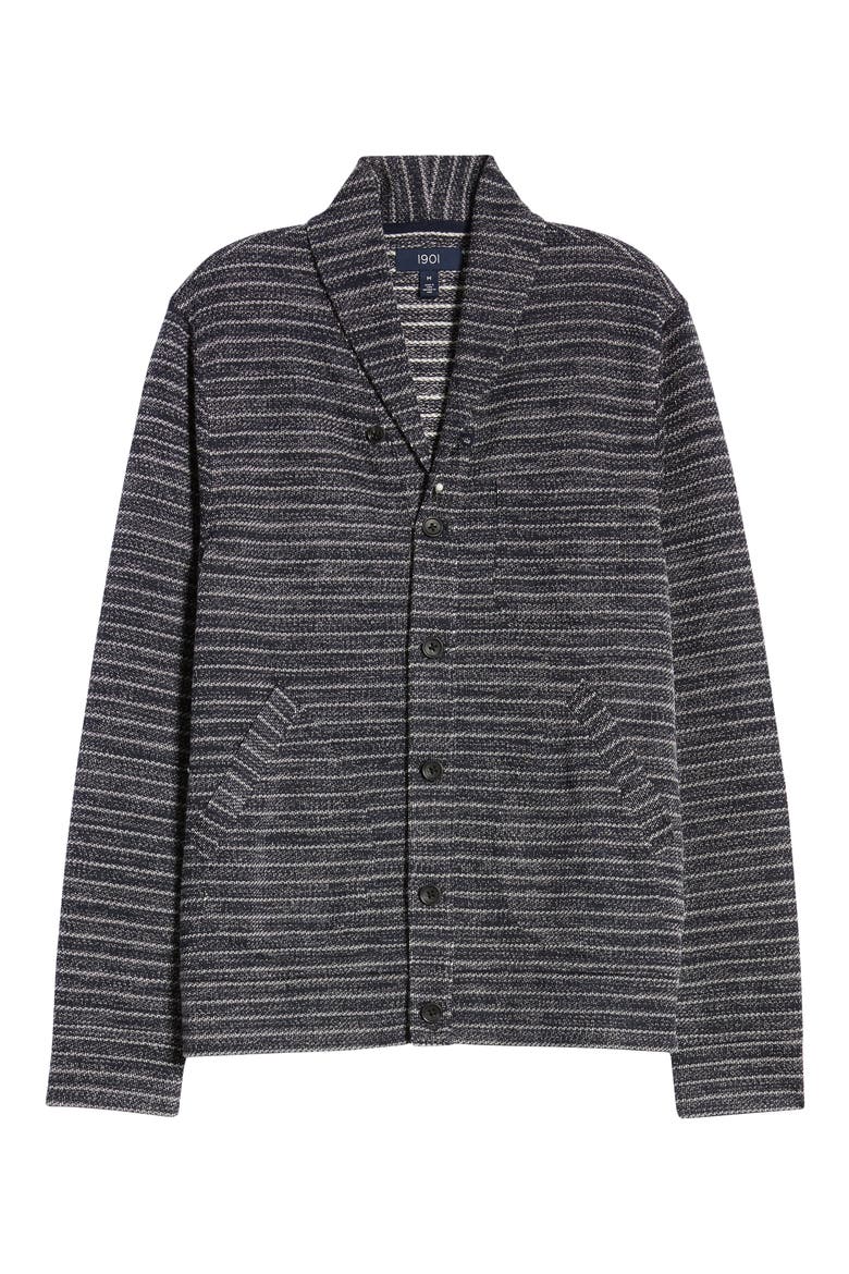 Shawl Collar Fleece Cardigan, Alternate, color, NAVY IRIS WHITE STRIPE