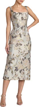 Mac Duggal Brocade Sleeveless Square Neck Midi Dress