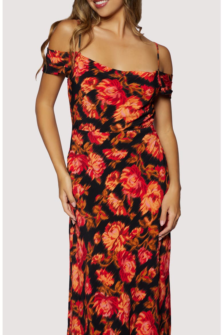 Evenign Bloom Cold Shoulder Midi Dress, Alternate, color, BLACK RED FLORAL