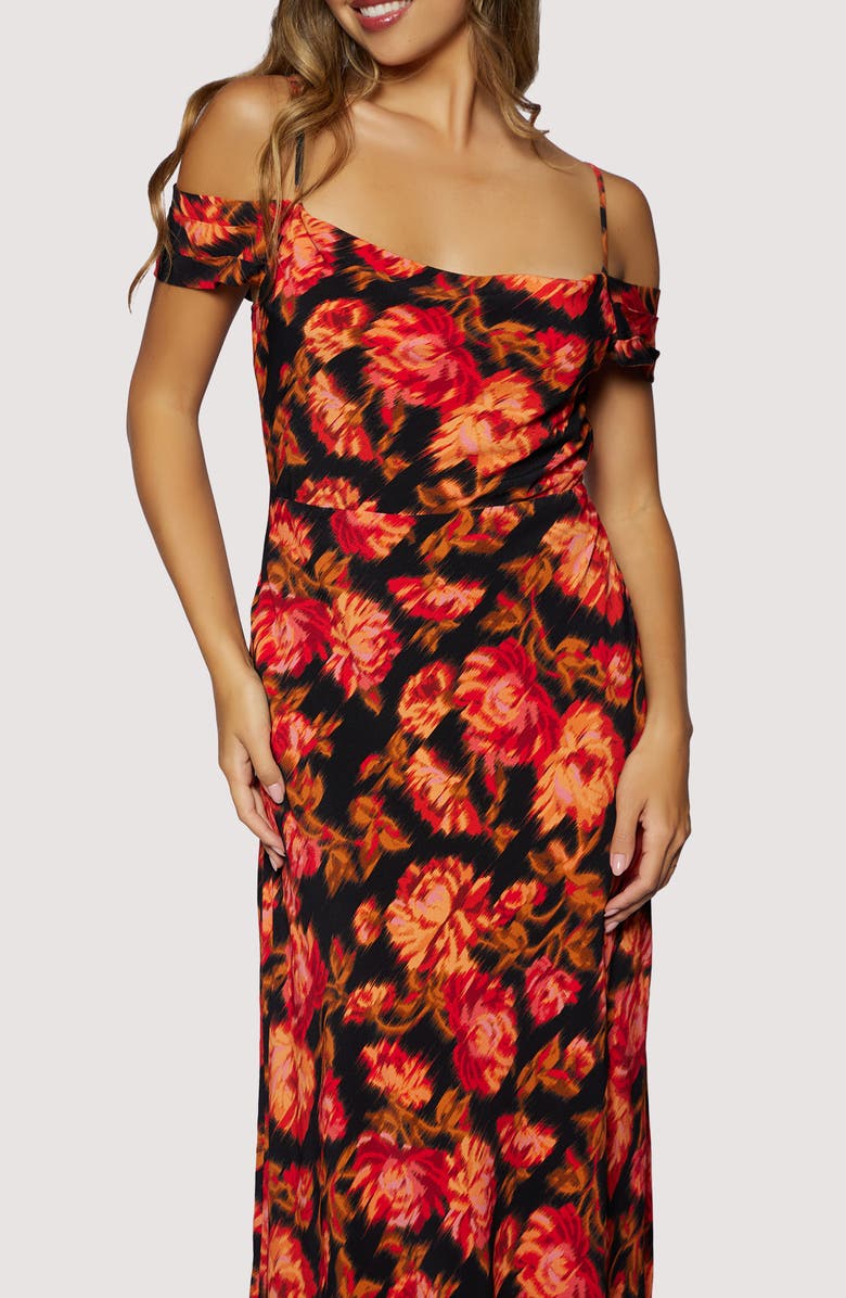 Lost + Wander Evenign Bloom Cold Shoulder Midi Dress, Alternate, color, Black Red Floral