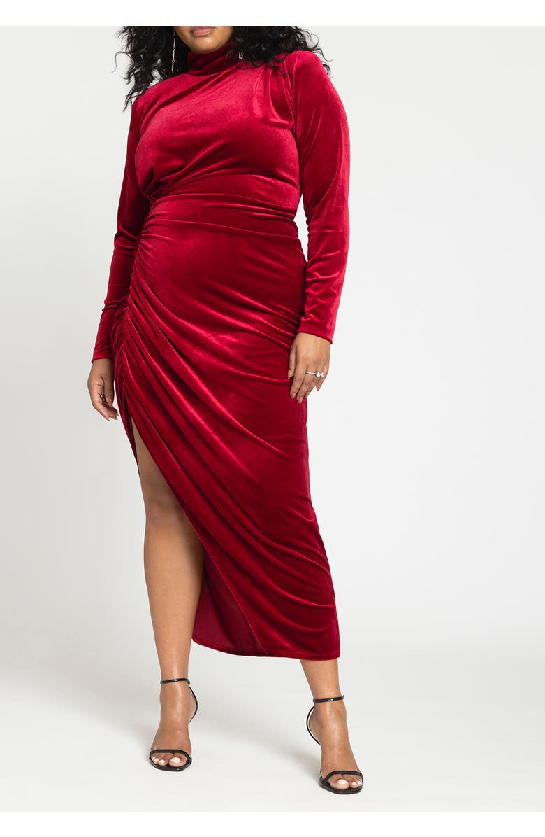 ELOQUII Mock Neck Velvet Dress With Slit, Alternate, color, Biking Red