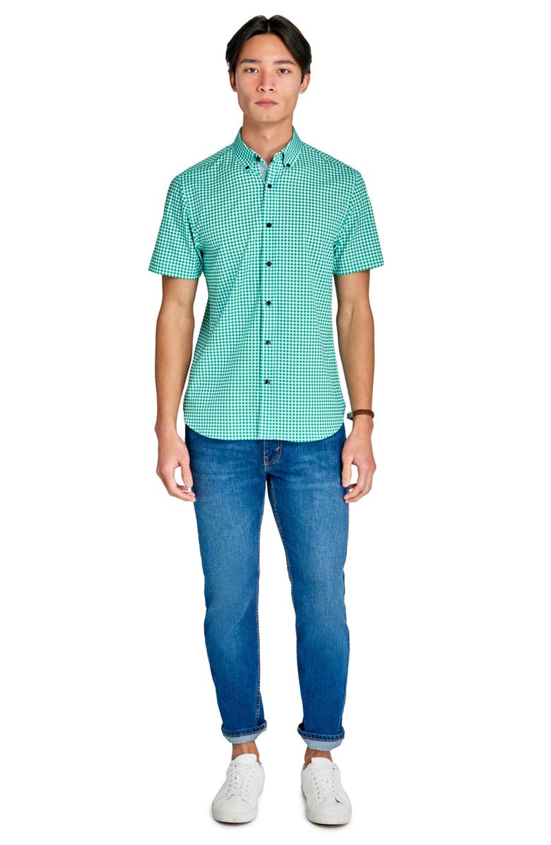 CONSTRUCT Slim Fit Mini Check Recycled 4-Way Stretch Performance Short Sleeve Shirt, Alternate, color, Green/White