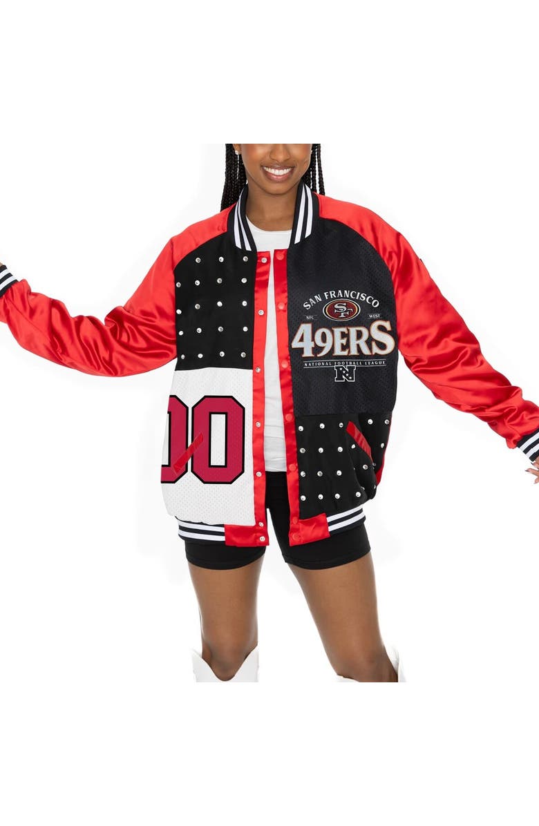 GAMEDAY COUTURE Women's Gameday Couture Scarlet/Black San Francisco 49ers Oversized Hot Shot Rhinestone Throwback Full-Snap Varsity Bomber Jacket, Alternate, color, Scarlet