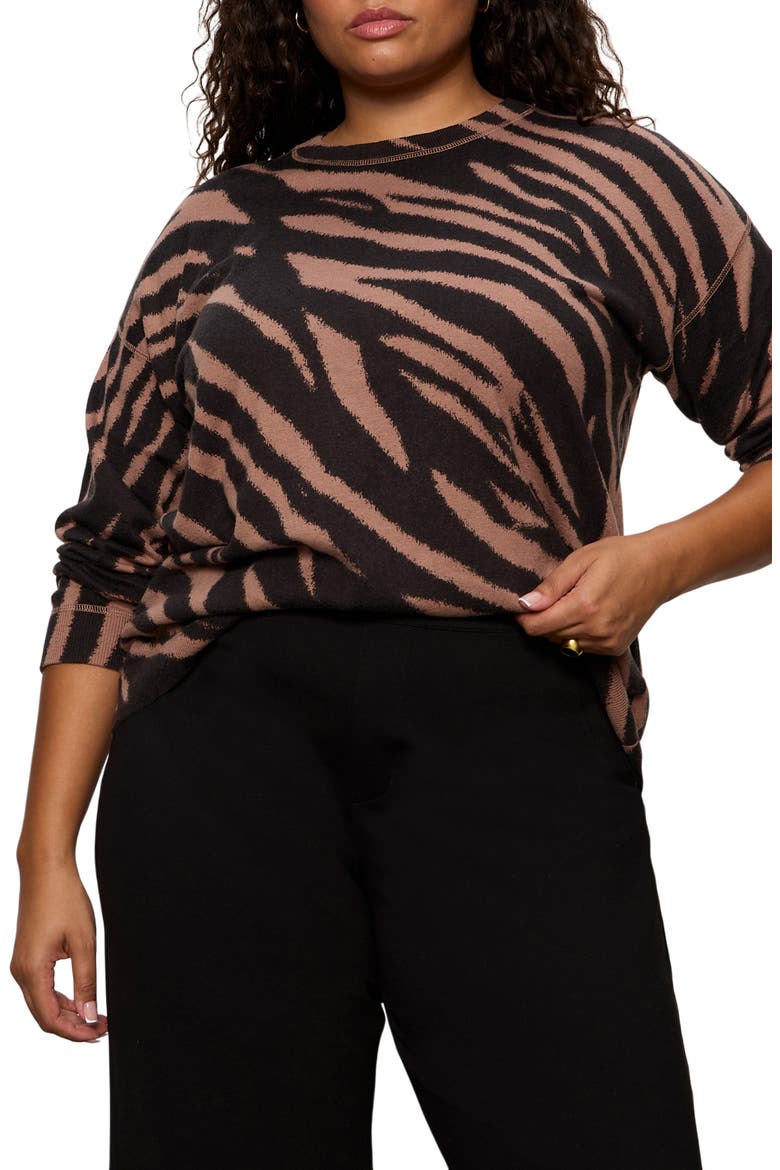 Zebra Stripe Crewneck Sweater, Alternate, color, ABSTRACT BROWN