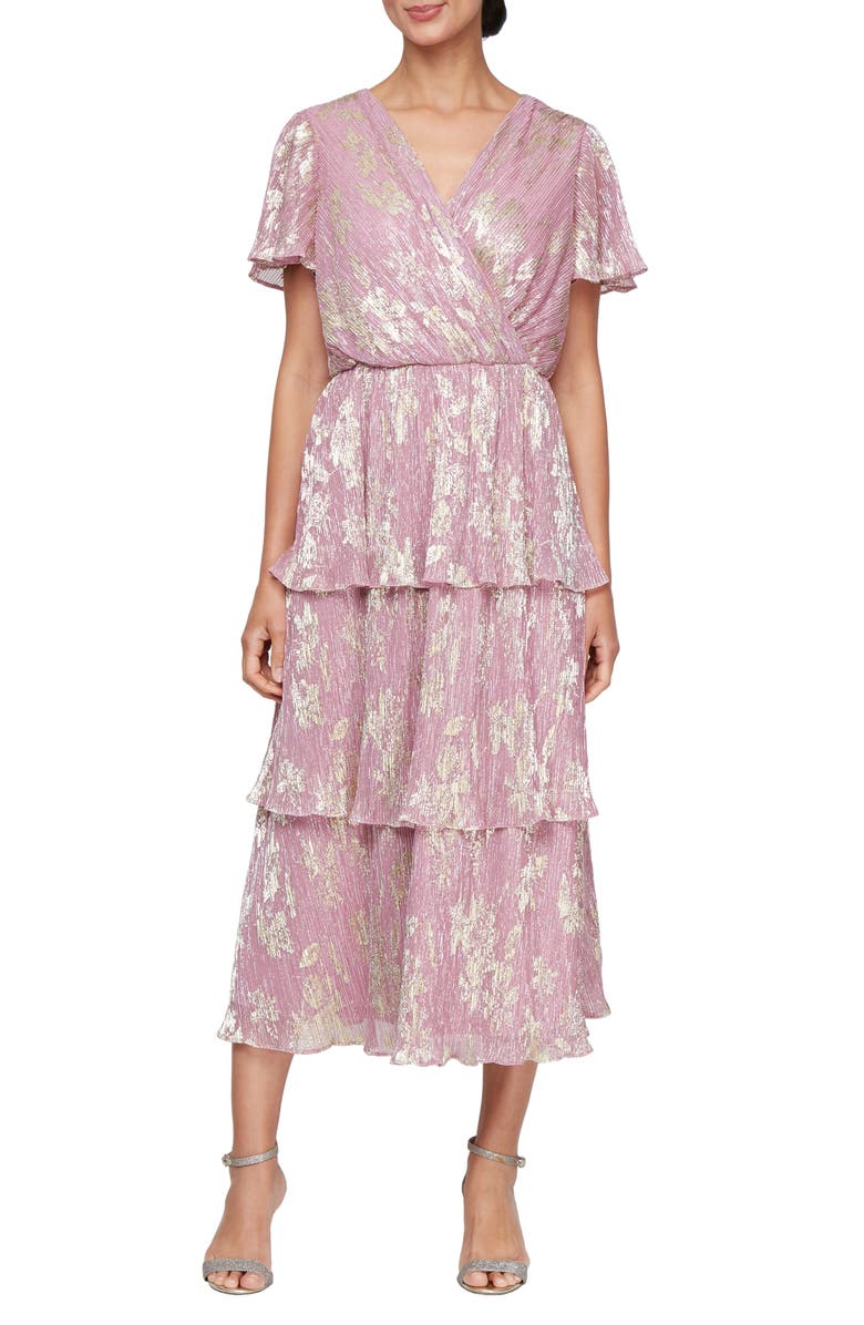 SL FASHIONS Metallic Floral Tiered Cocktail Dress, Main, color, Blush