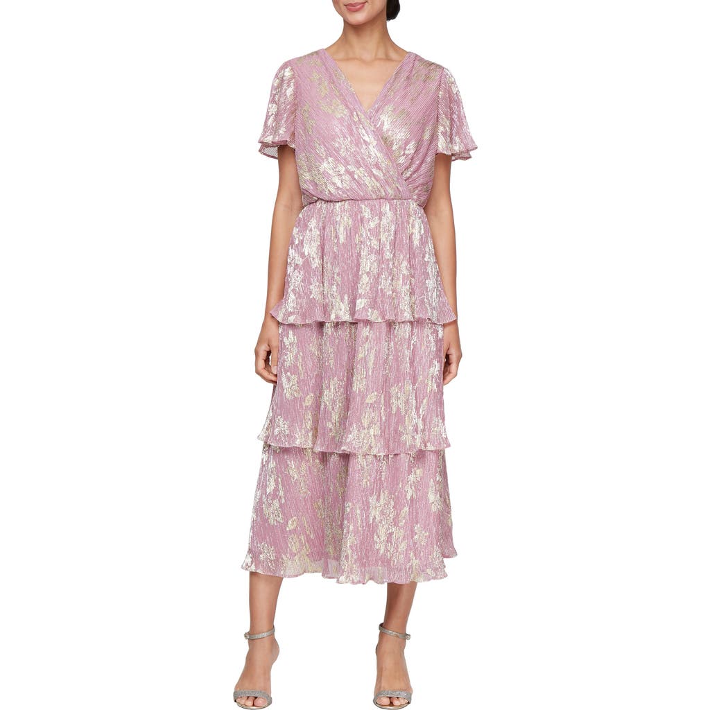 Shop Sl Fashions Metallic Floral Tiered Cocktail Dress In Blush