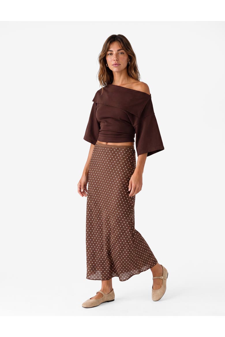 Polka Dot Flared Midi Satin Skirt, Main, color, BROWN DESIGN