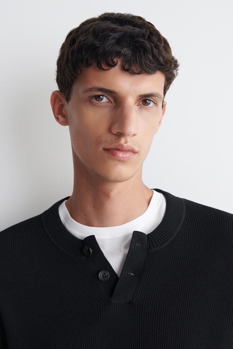 Knitted Cotton Henley Sweater, Alternate, color, BLACK
